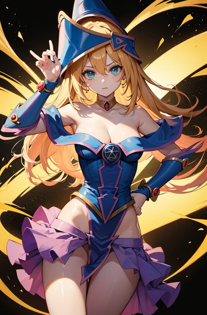 dark magician girl, duel monster, blush stickers, blonde hair, green eyes, long hair, breasts, blush, bangs, large breasts, hair between eyes, pentacle, pentagram, hat, dress, cleavage, bare shoulders, collarbone, choker, blue headwear, wizard hat, bracer, detached sleeves, highest quality,((highest quality)),((Tabletop)),((Perfect Face)),become close５Two fingered hand,1 girl,(Background Blur),, Unreasonable,Her figure is extremely beautiful, Emphasizing the dark and crazy elements. Skillfully expressing the effects of light and shadow, detailed, The face and expression are carefully drawn..., Artistic elements add depth to the work, With a unique artistic touch. This film is visually stimulating、Aesthetically pleasing.,sketch (Character design sheet, same characters, whole body, Three-View, front, ~ ~ ~ side, return),,milky way, (Stripes of light), Impressive visuals, (Dynamic Streaks, Path of Light:1.2), Bright colors, Look up,Dynamic pose