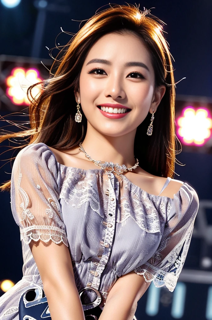 (highest quality, High resolution, masterpiece:1.3), 1 young japanese girl posing for the photo, Slender figure beauty, (smooth pale skin), Small face, Breast enhancement, loose curled medium shiny brunette with highlights, Precisely expresses details such as face and skin texture, Dark brown eyebrows, moist eyes with dilated pupils and large irises, double eyelid, thick plump big lips, big smile, Concert makeup, (Full lace cleavage mini flare dress), necklace and earrings and bracelets, (cowboy shot:1.4), (low position and low angle shot:1.2), A person in the center left and right, The whole head is shown, Professional cinematic lighting