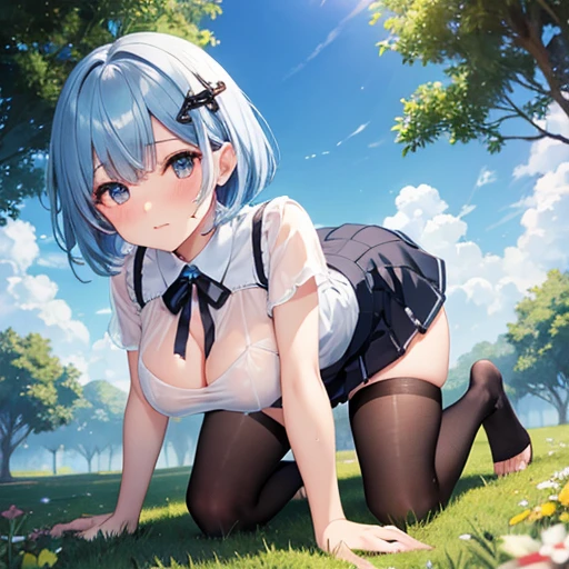 masterpiece, highest quality, High resolution,  short hair， Short skirt、Drooping eyes，Outdoor，barefoot，Looking up，Embarrassed face，Angle from below、Big Breasts，Spread your legaid clothes、White underwear、See-through、Blue Hair、Black ami tights、On all fours、Cross hair ornament、Her right eye is covered by her bangs