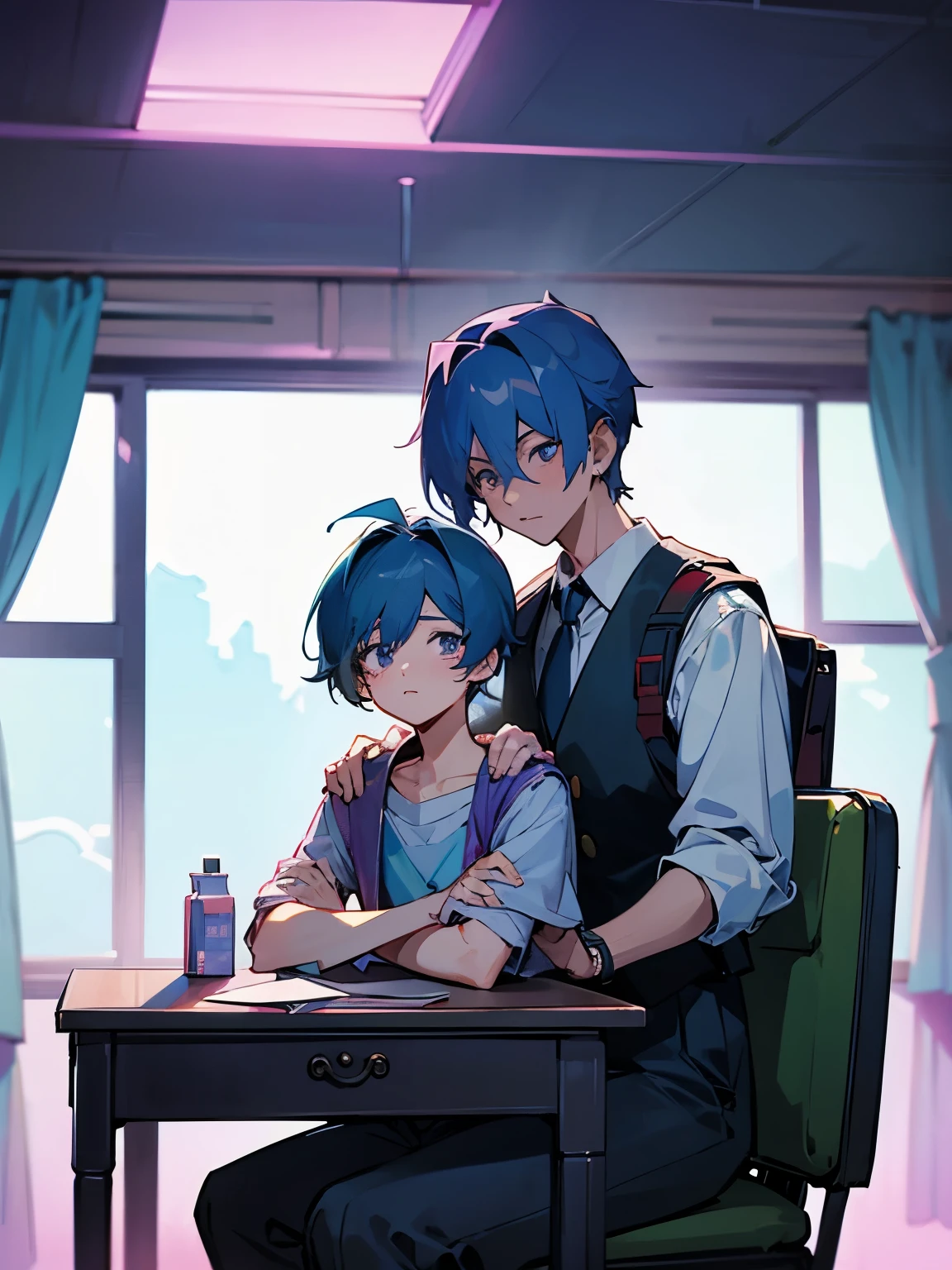 cartoon of two boys sitting at a table with a book and a backpack, ddlc, in the art style of 8 0 s anime, 9 0 s anime style, 90s anime style, in anime style, in an anime style, anime aesthetic, anime vibes, 9 0 s anime aesthetic, 9 0 s anime art style, lofi boy, typical anime classroom, beautiful background window, two cute boys, beautiful faces, two boys, don't extra hands, NO extra hands, generate two boys with NO extra hands, NO extra arm