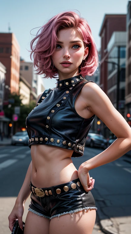 Cute 18 year old punk girl, Natalie Portman、(top-quality、in 8K、32K、masterpiece、cowboy shot)、(Photorealsitic:1.4),Fancy makeup, shapeless punk hair, (studded punk fashion clothing)、A pink-haired, cheeky leather short shorts、realistic,、Downtown District Background、backlight effect、depth of fields,blurry background