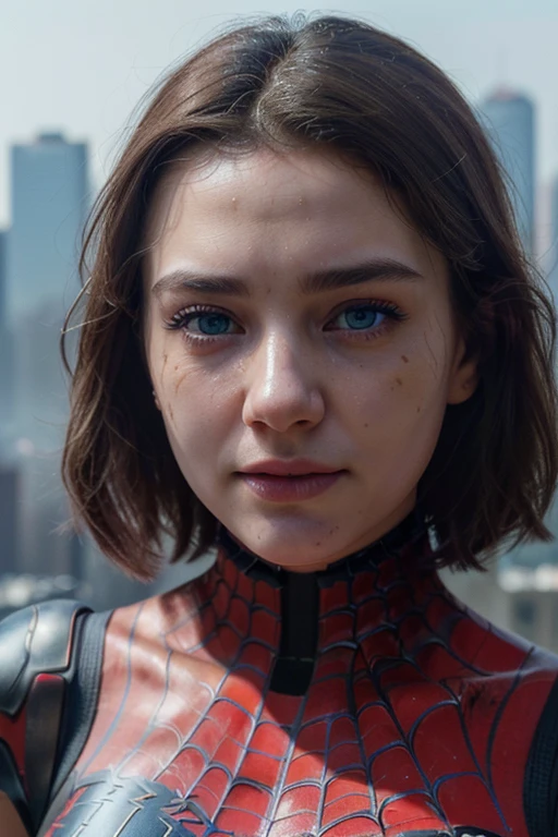 (1girl:1.3), Solo, (((Very detailed face)))), ((Very detailed eyes and face)))), Beautiful detail eyes, Body parts__, Official art, Unified 8k wallpaper, Super detailed, beautiful and beautiful, beautiful, masterpiece, best quality, original, masterpiece, super fine photo, best quality, super high resolution, realistic realism, sunlight, full body portrait, amazing beauty, dynamic pose, delicate face, vibrant eyes, (from the front), She wears Spider-Man suit, red and black color scheme, spider, very detailed city roof background, rooftop, overlooking the city, detailed face, detailed complex busy background, messy, gorgeous, milky white, highly detailed skin, realistic skin details, visible pores, clear focus, volumetric fog, 8k uhd, DSLR, high quality, film grain, fair skin, photo realism, lomography, futuristic dystopian megalopolis, translucent