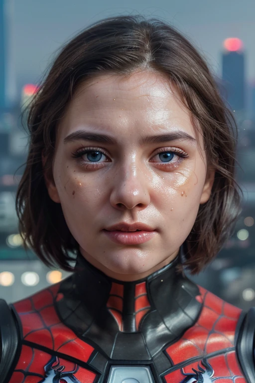 (1girl:1.3), Solo, (((Very detailed face)))), ((Very detailed eyes and face)))), Beautiful detail eyes, Body parts__, Official art, Unified 8k wallpaper, Super detailed, beautiful and beautiful, beautiful, masterpiece, best quality, original, masterpiece, super fine photo, best quality, super high resolution, realistic realism, sunlight, full body portrait, amazing beauty, dynamic pose, delicate face, vibrant eyes, (from the front), She wears Spider-Man suit, red and black color scheme, spider, very detailed city roof background, rooftop, overlooking the city, detailed face, detailed complex busy background, messy, gorgeous, milky white, highly detailed skin, realistic skin details, visible pores, clear focus, volumetric fog, 8k uhd, DSLR, high quality, film grain, fair skin, photo realism, lomography, futuristic dystopian megalopolis, translucent