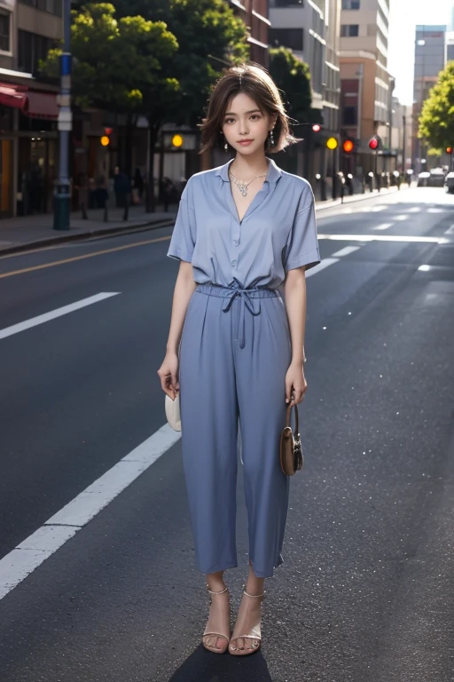 highest quality, Very detailed, masterpiece, 1 person,woman,(((完璧なwomanの体))),Very beautiful face, Very beautiful body,Gentle expression, Very beautiful eyes,(Perfect Makeup:1.1), (((Very beautiful fine hair))),short hair,Shaggy Hair,hair color,Ash Brownの髪:1.3, Very thin body,Smart Abs, dark blue,Short sleeve dress shirt,Cotton long pants,necklace,anklet,Elegant sandals,ショートShaggy Hair,Ash Brown,A kind smile,Full body portrait,(Street background:1.3), (Shiny skin), (Many colors:1.4) ,(Earrings),