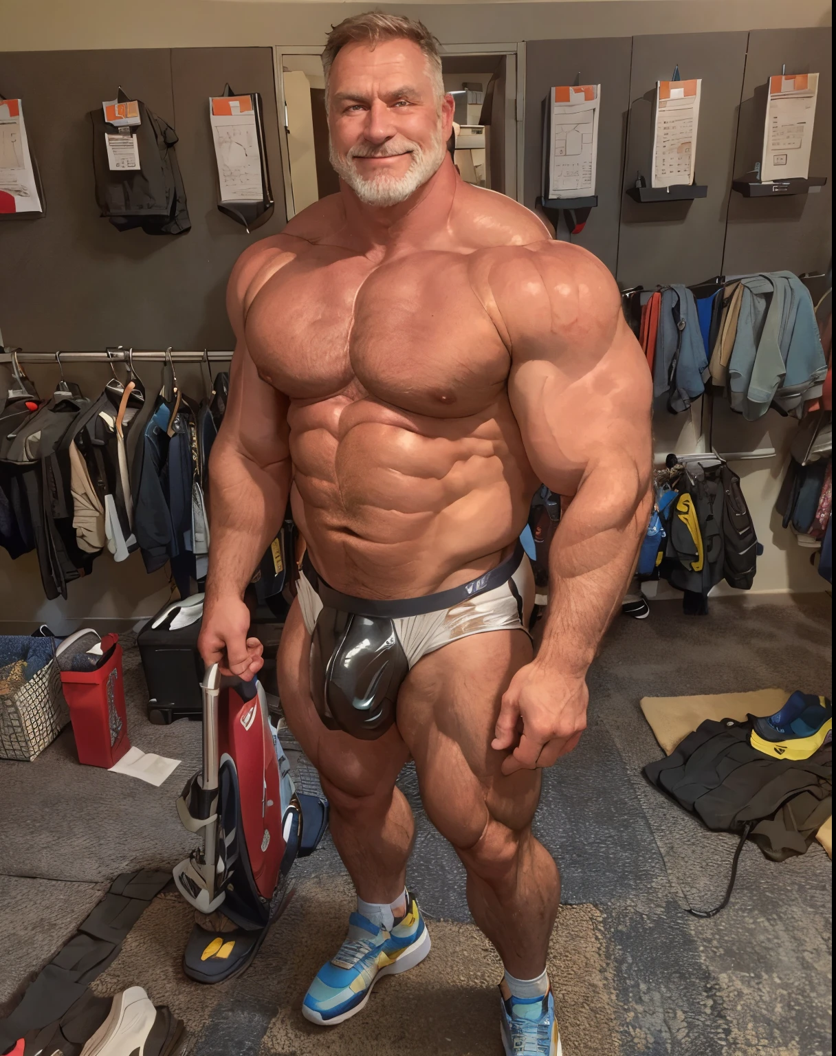 (handsome mature man), (in his 50s), white man, wearing a speedo , nice bulge, (beefy:1.3), beard, looking at viewer, beautiful man, detailed eyes, symmetric face, smirk, robust, nicebulge(!), latex, futuristic spaceship background, stars visible through window in background, wearing cool sneakers,