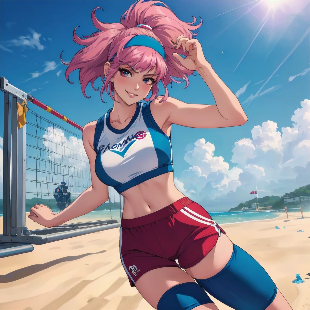 imagined a girl in extreme sport outfit playing to a flying disc game in a beach arena game sport, masterpiece, ultra-detailed, 80's anime (style), 2D, megapixel, perfectionism, full HD , 4K, (windjammers), windjammers sport game, windjammers 2 (((((solo mature anime woman,)))))++++++++++++++++++, looking at viewer, full body, brown hair and pink hair, short hair, weird hair, smile, lips, eyelashes, medium breasts, gym uniform, uniform, gym shorts, headband, sports bra, elbow pad, knee pad, extreme sports outfit 80's theme, beach background, playing flying disc game on a beach court game, sea, sun in the sky, sports wear