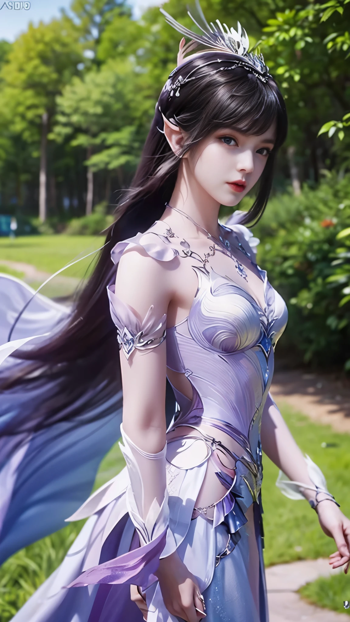 8k, masterpiece, a close up of a woman in a purple dress, bare thigh, a beautiful fantasy empress, beautiful fantasy maiden, fantasy art style, trending on cgstation, beautiful and elegant elf queen, beautiful maiden, shining skin, intricate ornate anime cgi style, ((a beautiful fantasy purple empress)), beautiful alluring Realistic woman, shining skin, in the park, sun shining, Realistic shadow,