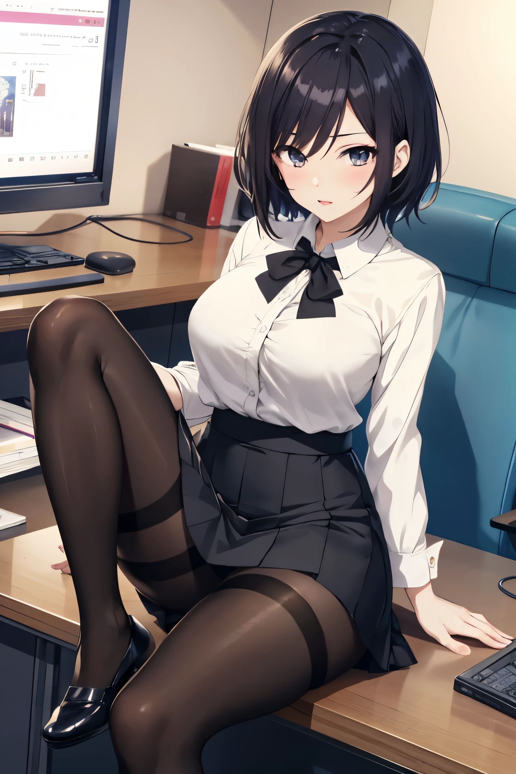 anime style 4 k, anime style. 8k, anime visual of a cute girl, young anime girl, digital anime illustration, anime style illustration, anime style, blouse, tight skirt, office skirt, tights, pantyhose, short skirt, an anime girl, portrait of an anime girl, office, office suit, office lady, thin waist, thick legs, thick thighs, pale skin, black short hair, leg spread, legs