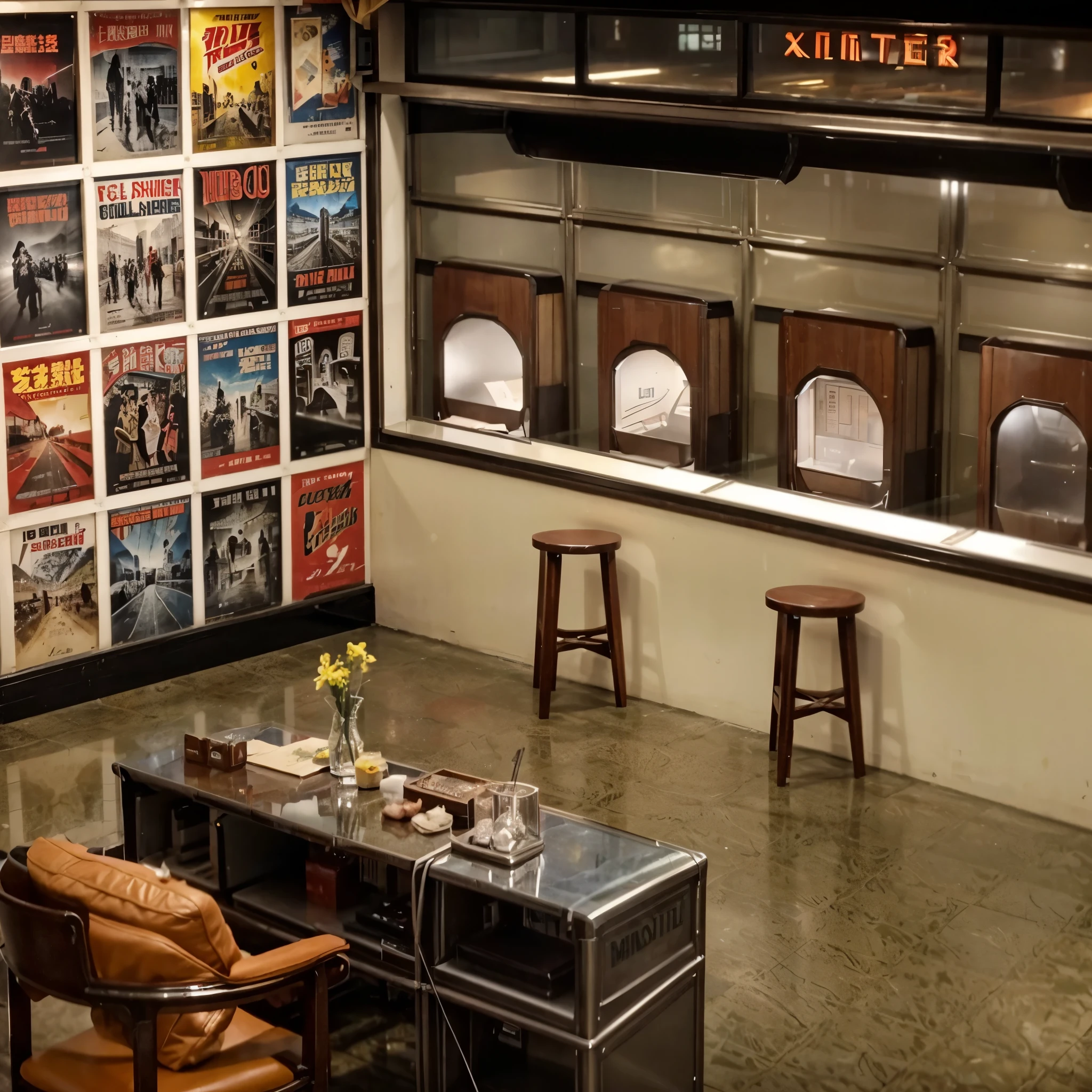 (best quality,realistic)  taiwan nostalgic movie ticket booth,wall covered with vintage movie posters, metal table have the stacks of documents,three conversation seats facing a glass ticket window, glimpse of a spacious lobby through the glass, marbled floor, set in the 1950s, vintage props and decor, accurate depiction, high-res, maximized level of detail , no man ,no woman , no one , no humans.