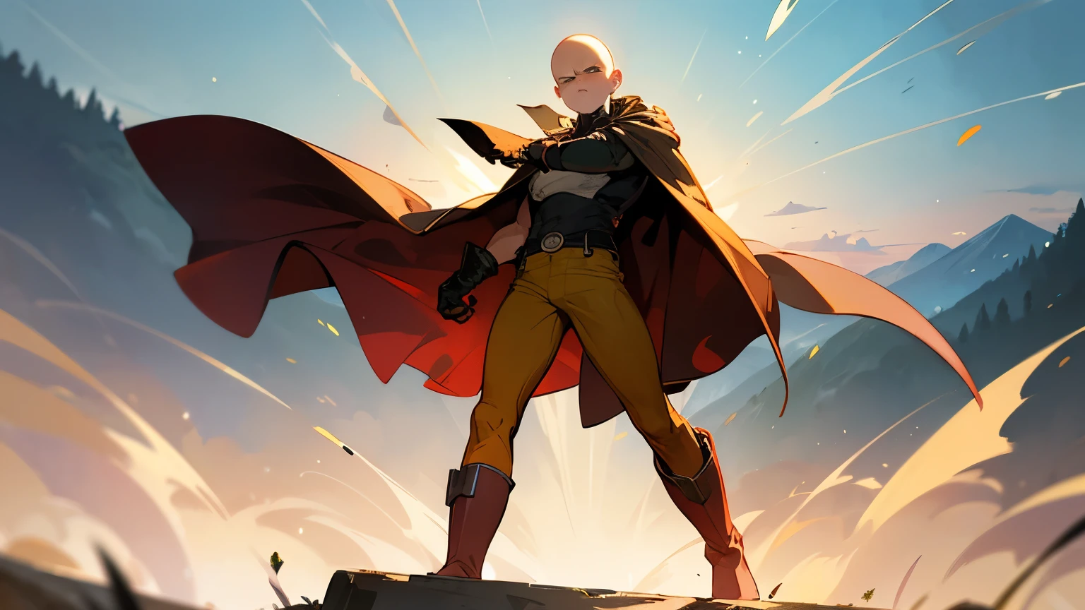 masterpiece, best quality, 1boy, (saitama), bald head, black eyes, red gloves and red boots, yellow clothes and white cape, standing, angry face, completely mad, fighting position, posting to giving punch, fine day, mountain forest sky, beautiful day, beautiful scenery, detailed face, evil smile, aura power, walking, natural light, standing, male focus, strong muscles, movie composition, deth of field, bokeh, (futuristic), (full body), one punch man, mappa studio