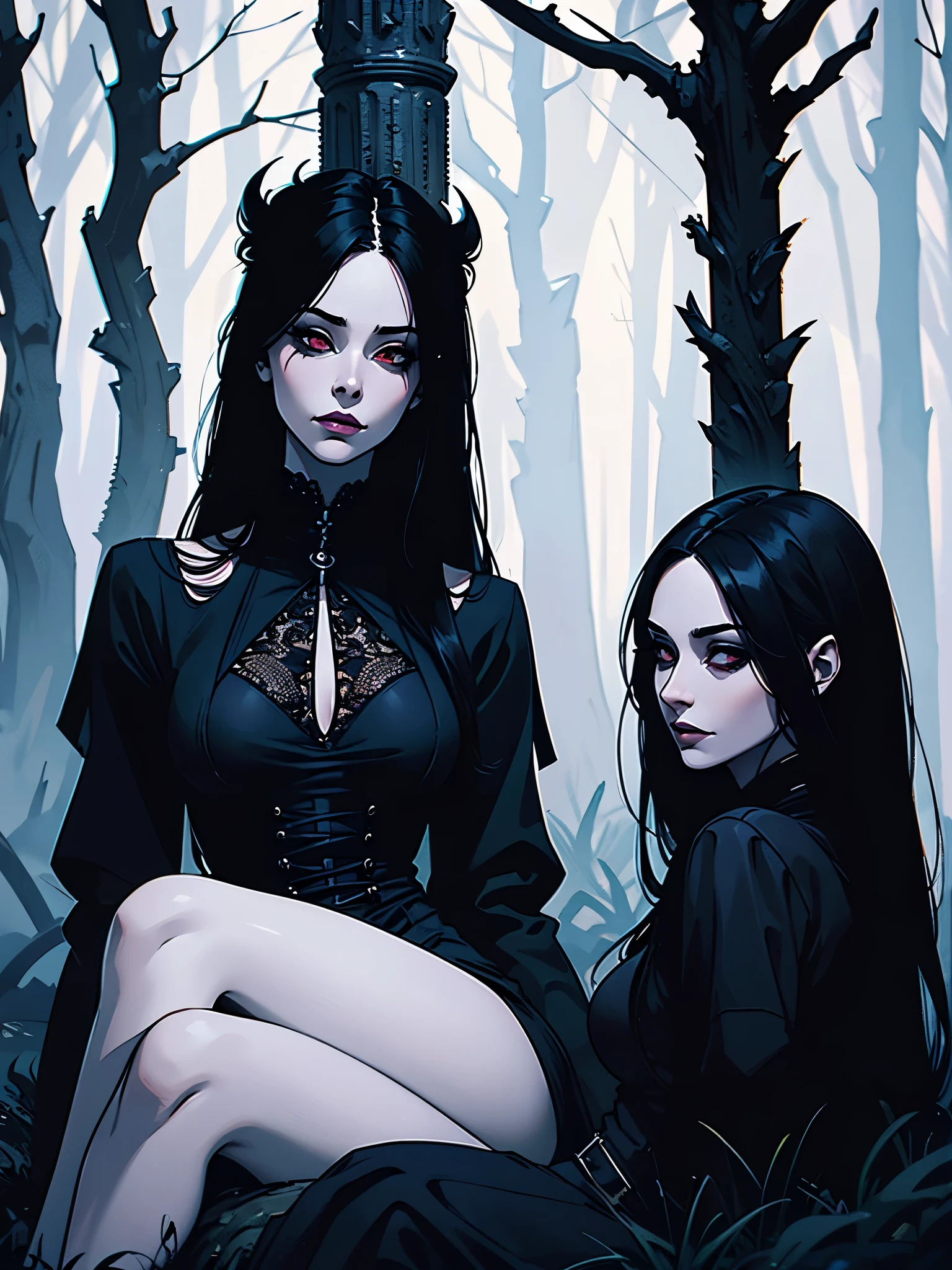 (best quality,4k,8k,highres,masterpiece:1.2),ultra-detailed,(realistic,photorealistic,photo-realistic:1.37),goth korean girl, gothic,1woman,dark forest,red eyes,dark ambient,low saturation,anime style,pale skin,long flowing hair,gothic clothing,silhouette,surreal background,mysterious atmosphere,intense emotions,melancholic expression,lens flare,dramatic shadows,symbolic elements,heavy makeup,pale and dark colors,misty fog,ethereal beauty,subtle texture, dark makeup, back shot , full body, wicked smile, witch, sitting on ground