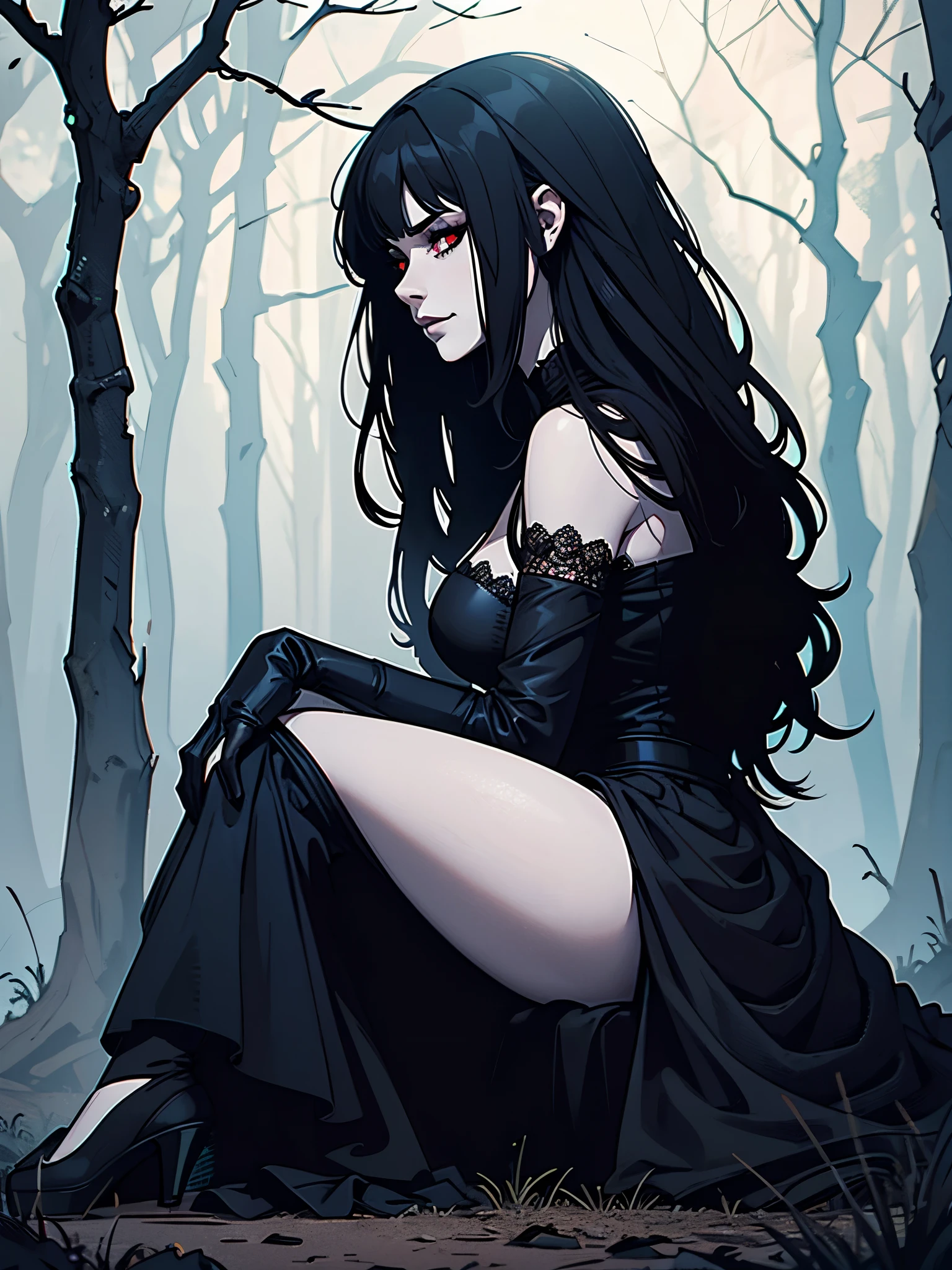 (best quality,4k,8k,highres,masterpiece:1.2),ultra-detailed,(realistic,photorealistic,photo-realistic:1.37),goth korean girl, gothic,1woman,dark forest,red eyes,dark ambient,low saturation,anime style,pale skin,long flowing hair,gothic clothing,silhouette,surreal background,mysterious atmosphere,intense emotions,melancholic expression,lens flare,dramatic shadows,symbolic elements,heavy makeup,pale and dark colors,misty fog,ethereal beauty,subtle texture, dark makeup, back shot , full body, wicked smile, witch, sitting on ground
