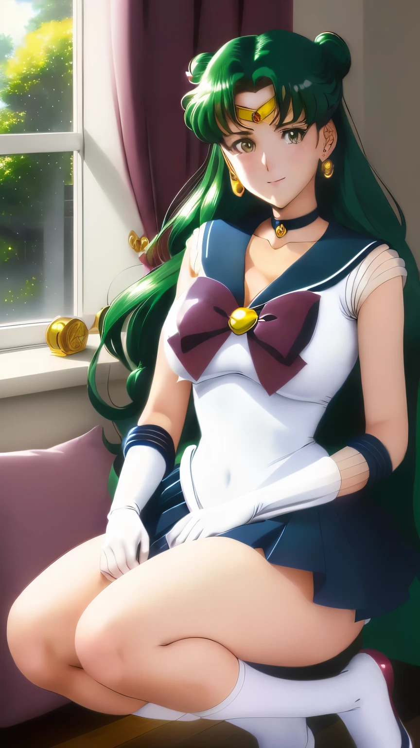 A sailor in a sailor suit sitting on a sofa, Sailor Moon, Enchanting anime girl, Teasing Smile, Gentle smile, but、Her stern look, beautiful anime girl squatting, Sailor Moon!!!!!!!!, Sailor Jupiter. beautiful, Marin Kitagawa Fanart, High quality fan art, Cel-shaded anime, Tatsumaki, Naughty anime style, sitting in her room