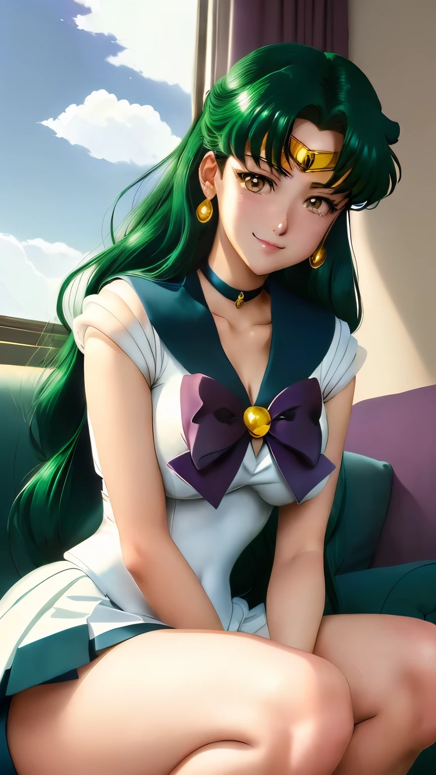 A sailor in a sailor suit sitting on a sofa, Sailor Moon, Enchanting anime girl, Teasing Smile, Gentle smile, but、Her stern look, beautiful anime girl squatting, Sailor Moon!!!!!!!!, Sailor Jupiter. beautiful, Marin Kitagawa Fanart, High quality fan art, Cel-shaded anime, Tatsumaki, Naughty anime style, sitting in her room