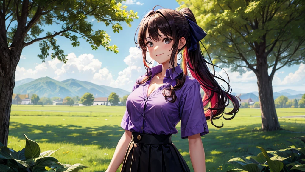 1girl, solo, summer, village, trees, sun, clouds, cute face, forehead, ((colorful hair)), long hair, curly hair, ponytail, large breasts, button down shirt, ((purple shirt)), ((unbuttoned shirt)), ((short sleeved shirt)), unbuttoning buttons, popping buttons, cleavage 1:3, brown eyes, ((black skirt)), smile, looking at the viewer, touching neck, standing, hair ribbon, golden necklate