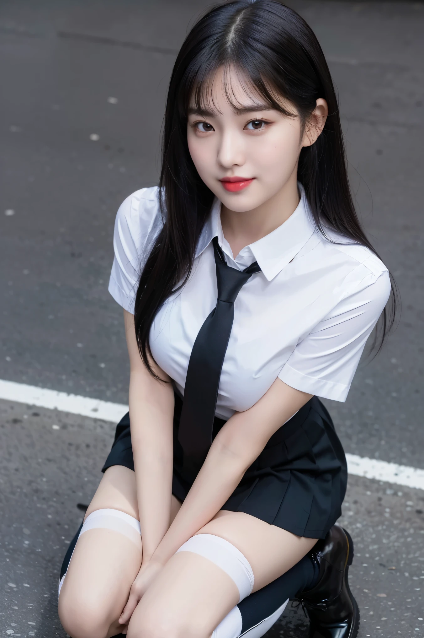 (8k), (highest quality: 1.2), (Realistic), (Realistic: 1.37), Ultra-high resolution, (1 girl, cute, smile, Mouth closed, Thick lips,Red lips,Beautiful details, Beautiful Nose, (Straight black hair), Giant Dulcefo, Self Snap,(school uniform),White shirt,tie,Pleated skirt,(Knee-high socks),Squatting in the city at night, From above,Face close-up,
