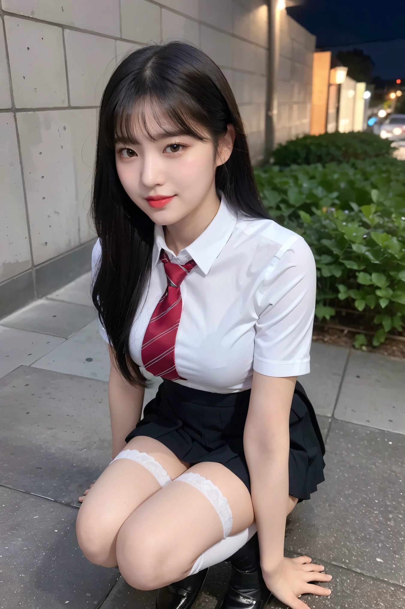 (8k), (highest quality: 1.2), (Realistic), (Realistic: 1.37), Ultra-high resolution, (1 girl, cute, smile, Mouth closed, Thick lips,Red lips,Beautiful details, Beautiful Nose, (Straight black hair), Giant Dulcefo, Self Snap,(school uniform),White shirt,tie,Pleated skirt,(Knee-high socks),Squatting in the city at night, From above,Face close-up,