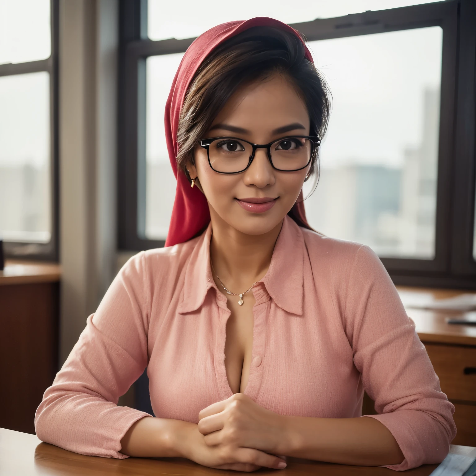 ((beautiful Nerd malaysia Mature woman : 1.2, College Lecturer)), 45 Years old, Middle age woman, name mira filzah brown eye, wearing nerd eyewear,tudung muslim,modern baju kurung look rich,, unbuttoned baju Kurung, calm,confident,happy,beautifull MILF Curvy body, White Skin Body,looking at viewer, sitting on desk in classroom, (photo, photorealistic:1.37), (ultrahigh-res), half body, walking pose, hyper detailed POV, by lee jeffries, nikon d850, film stock photograph ,4 kodak portra 400 ,camera f1.6 lens ,rich colors ,hyper realistic ,lifelike texture, dramatic lighting , cinestill 800, (Massive breasts 1.3).