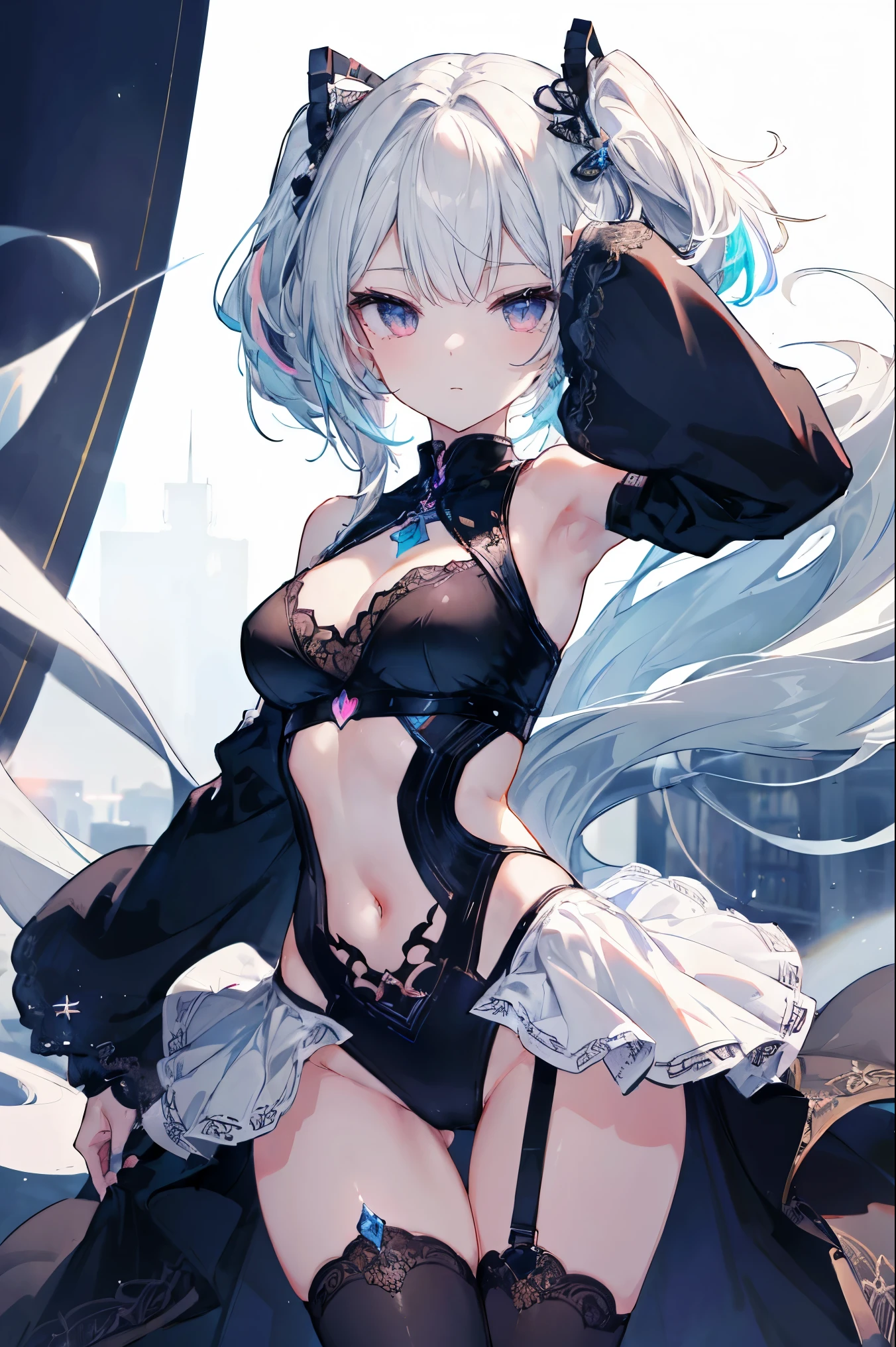 1girl, anime, cute girl, blank background, white background, fantasy, detailed fantasy dress with highlights, beautiful face, beautiful eyes, dark colors, black hair with multicolor streaks, red eye with different color pupil in eye, multicolor eye, medium breasts, slight cleavage, beautiful skin, cute, breast curtains, extremely delicate and beautiful, (beautiful detailed face:1.0), (detailed deep eyes), symmetrical breasts, deep eyes, shiny skin, portrait, slender waist, hips wider than shoulders, thighs, expressionless, young girl, luminous eyes, adorable，（Kpop idol）,（aegyo sal：1），（Platinum blonde hair：1），（（puffy eye）），Black panty，sexy posture，Superskirt, Ultra-high resolution，Black collar，slim figure, Abdominal y tattoo, womb tattoo，Tight-fitting leg ring，y tattoo on half-body，Bare skin, Armored hand，Hidden fingertips，Hand covered，Arm covered，Fist covered,{{beautiful detailed fingers}}, tufts of hair, moderate beautiful breast:1.0,(masterpiece:1.2), best quality, high-res, HDR, perfect face, intricate armor, delicate blue filigree, intricate filigree, red metalic parts, detailed part, dynamic pose, dynamic lights, cute face, neutral expression