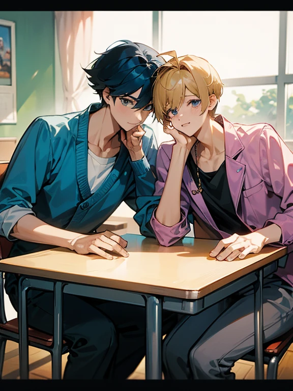 cartoon of two boys sitting at a table with a book, ddlc, in the art style of 8 0 s anime, 9 0 s anime style, 90s anime style, in anime style, in an anime style, anime aesthetic, anime vibes, 9 0 s anime aesthetic, 9 0 s anime art style, lofi boy, typical anime classroom, beautiful background window, two cute boys, beautiful faces, two boys, don't extra hands, NO extra hands, generate two boys with NO extra hands, NO extra arm, short hairstyles, one boy has black hair and blue eyes and the other boy has blonde hair and brown eyes, pretty faces, cute pretty boys with amazing smile