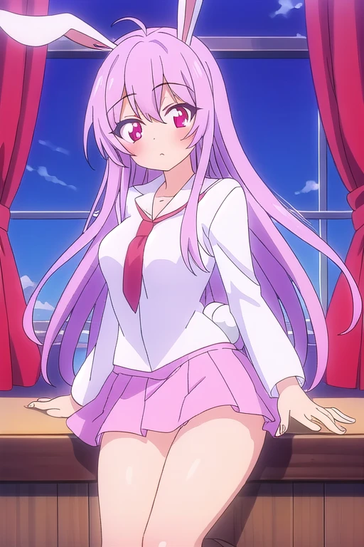 ((mejor calidad)), ((Obra maestra)), (detallado), cara perfecta, ojos perfectos, 
manos detalladas, reisen udongein inaba, 1girl, bare legs, medium breasts, 
long hair, panties, purple hair, rabbit ears, animal ears, rabbit tail, white shirt, 
pink skirt, red eyes, solo