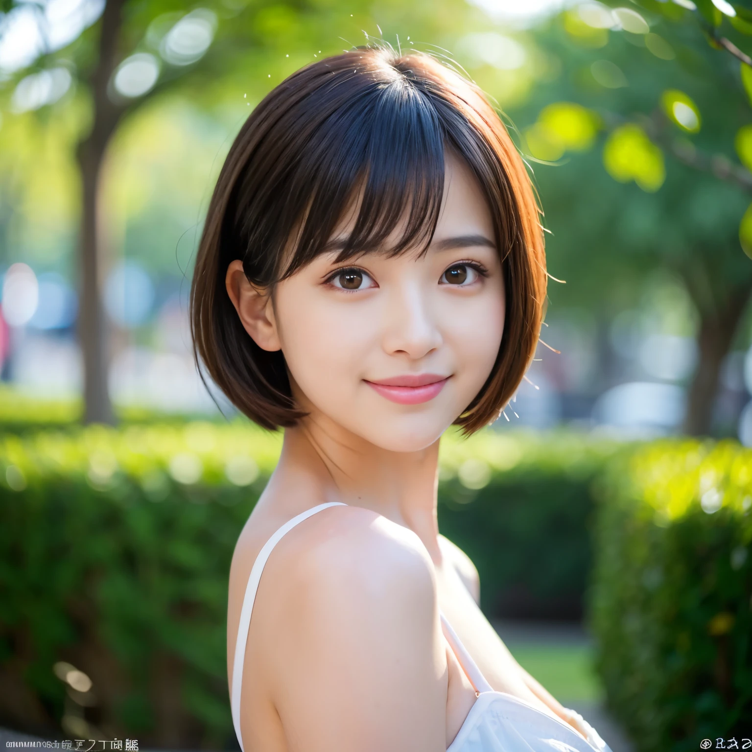 Best-quality, Masterpiece, Ultra-High-Resolution, (Photorealistic:1.4), Raw Photo, depth of field, professional lighting, perfect anatomy, extremely details, 1girl, Japanese idol, upper body, extremely cute and extremely childish face, extremely beautiful and extremely big eyes, extremely beautiful black-short-cut-haired, extremely beautiful skins, realistic skin texture, extremely beautiful long-eyelashes, extremely beautiful lips, wearing brightly-white camisole, looking at viewer, innocent smile