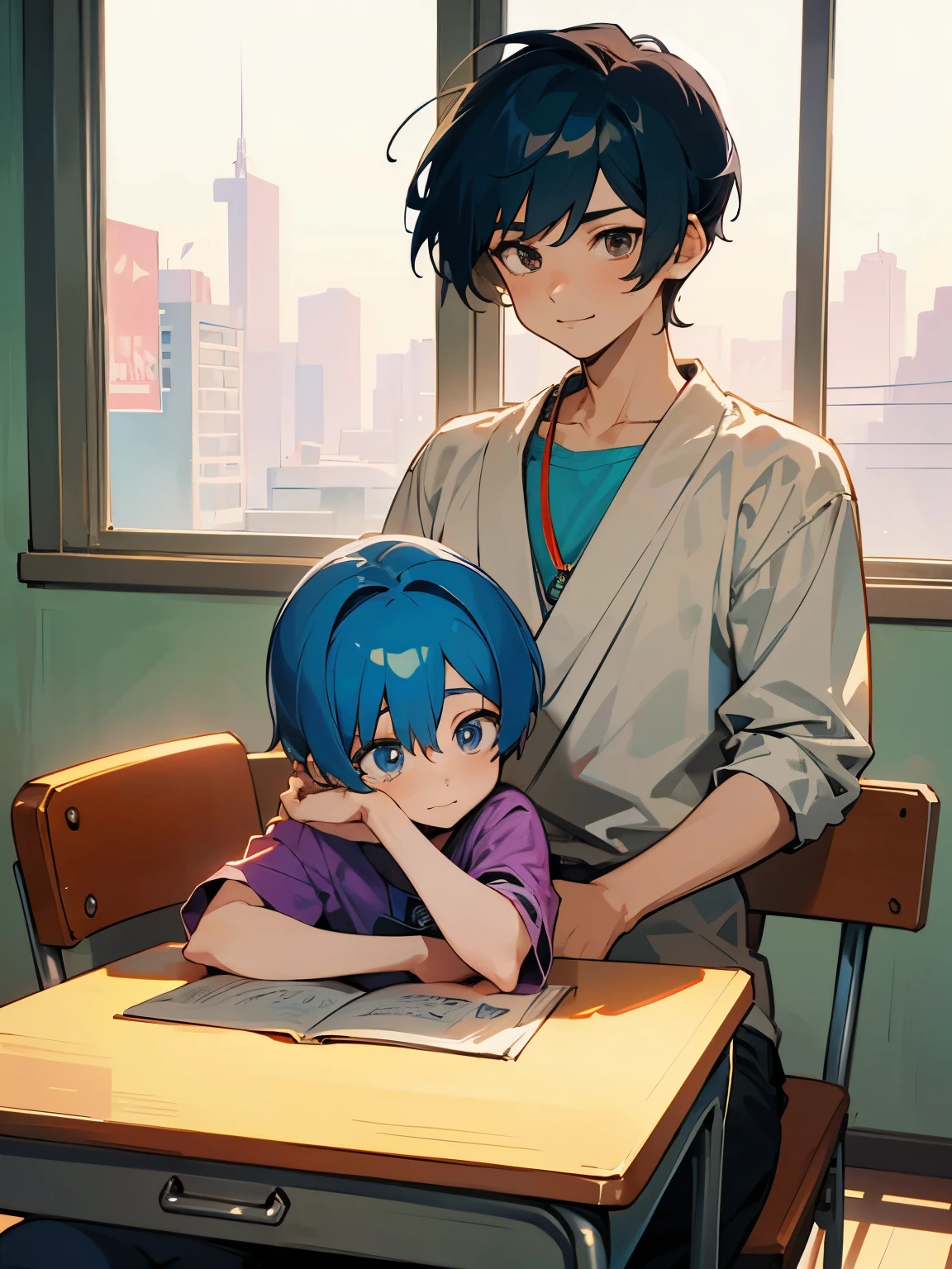 cartoon of two boys sitting at a table with a book, ddlc, in the art style of 8 0 s anime, 9 0 s anime style, 90s anime style, in anime style, in an anime style, anime aesthetic, anime vibes, 9 0 s anime aesthetic, 9 0 s anime art style, lofi boy, typical anime classroom, beautiful background window, two cute boys, beautiful faces, two boys, don't extra hands, NO extra hands, generate two boys with NO extra hands, NO extra arm, short hairstyles, one boy has black hair and blue eyes and the other boy has blonde hair and brown eyes, pretty faces, cute pretty boys with amazing smile