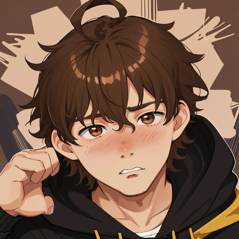 1boy, chubby, light Brown hair, Black hoodie, embarrassed, Brown eyes, wavy hair, short hair, ahoge