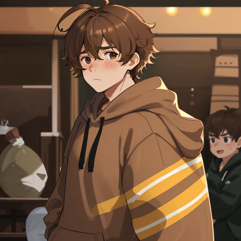 1boy, chubby, light Brown hair, Black hoodie, embarrassed, Brown eyes, wavy hair, short hair, ahoge