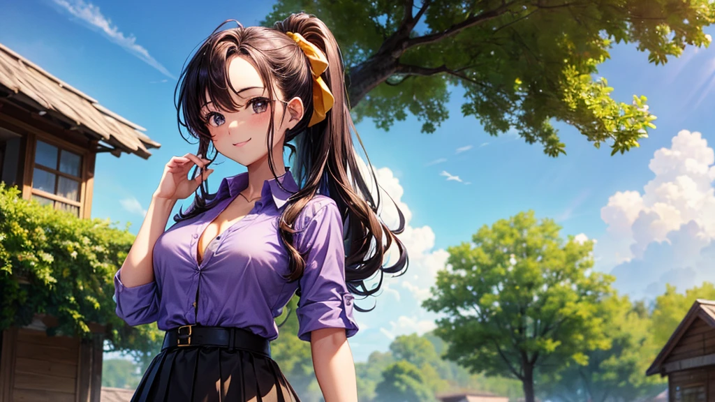 1girl, full body, solo, summer, village, trees, sun, clouds, ((colorful hair)), long hair, curly hair, ponytail, large breasts, button down shirt, ((purple shirt)), ((unbuttoned shirt)), ((short sleeved shirt)), unbuttoning buttons, popping buttons, cleavage 1:3, brown eyes, ((black skirt)), smile, looking at the viewer, touching neck, standing, hair ribbon, golden necklate