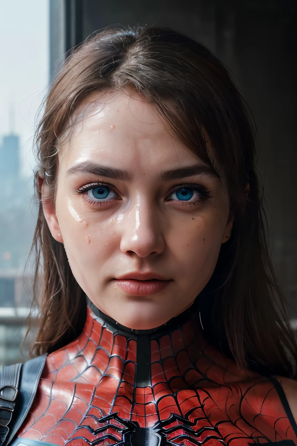 (1girl:1.3), Solo, (((Very detailed face)))), ((Very detailed eyes and face)))), Beautiful detail eyes, Body parts__, Official art, Unified 8k wallpaper, Super detailed, beautiful and beautiful, beautiful, masterpiece, best quality, original, masterpiece, super fine photo, best quality, super high resolution, realistic realism, sunlight, full body portrait, amazing beauty, dynamic pose, delicate face, vibrant eyes, (from the front), She wears Spider-Man suit, red and black color scheme, spider, very detailed city roof background, rooftop, overlooking the city, detailed face, detailed complex busy background, messy, gorgeous, milky white, highly detailed skin, realistic skin details, visible pores, clear focus, volumetric fog, 8k uhd, DSLR, high quality, film grain, fair skin, photo realism, lomography, futuristic dystopian megalopolis, translucent