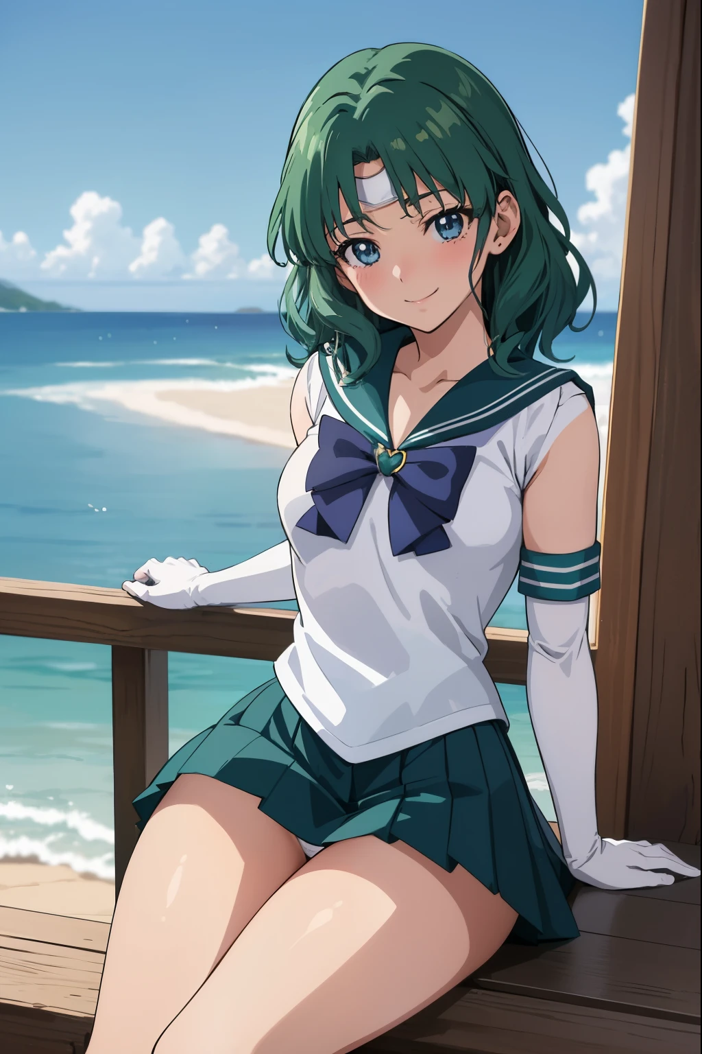 (anime:1.4), highest quality, masterpiece,Cowboy Shot,spread legs、show white panties,
One girl, Sailor Neptune, Mature Woman, Old age,Medium chest, Aqua Eye, Dark green hair, Medium Hair, (Sailor Warrior Uniforms:1.2), Buck Bow, White elbow gloves, Pleated skirt, View your viewers,blush, smile,Sitting