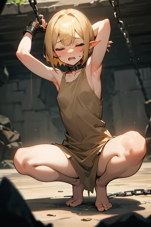 Woman attacked by monster、Blonde、Sharp, pointed ears、Short Bob、short hair、Small size breasts、Flat Chest、Visible nippleini tank top dress、Tattered Dress、Wearing a light brown dress、barefoot、Urinating in a cave、Spread your legs、Squat positions、Open your mouth、Blushed face、Embarrassing、Closed eyes、Shortness of breath、Suppressed、Handcuffs、Shackles、Bound in chains、Hands above head