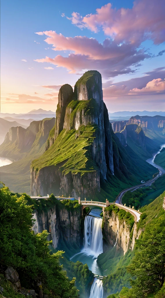 Masterpiece, ultimate quality, Cg unity 8k wallpaper, super delicate, beautiful sky and clouds, rich natural scenery, cliffs, lakes and rivers, waterfalls and flying water, beautiful green mountains, no trace of people, excellent scenery, has already won a photo contest, background Blurring, full depth of field, HDR high dynamics, true restoration, intricate, extreme details, dramatic presentation, perfectly presenting the style of midjourney art.