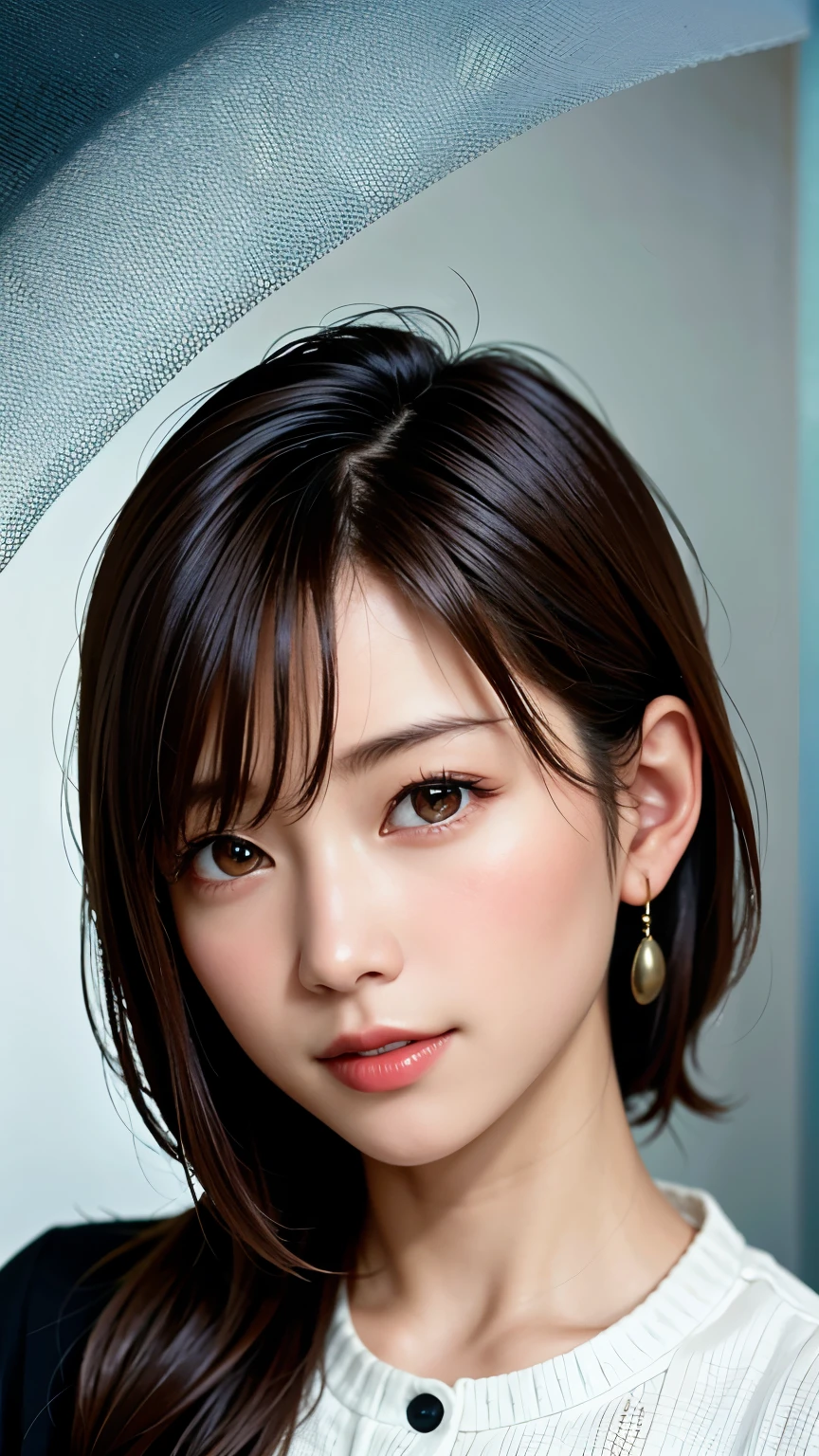 (masterpiece:1.3), (8k, photorealistic, RAW photo, best quality: 1.4), japanese, (1girl), beautiful face, (realistic face), (black hair, short hair:1.3), beautiful hairstyle, realistic eyes, beautiful detailed eyes, (realistic skin), beautiful skin, attractive, ultra high res, ultra realistic, highly detailed, golden ratio,  detaled face,looking at viewer,smile,open white shirt,medium breasts,standing,hand on hip