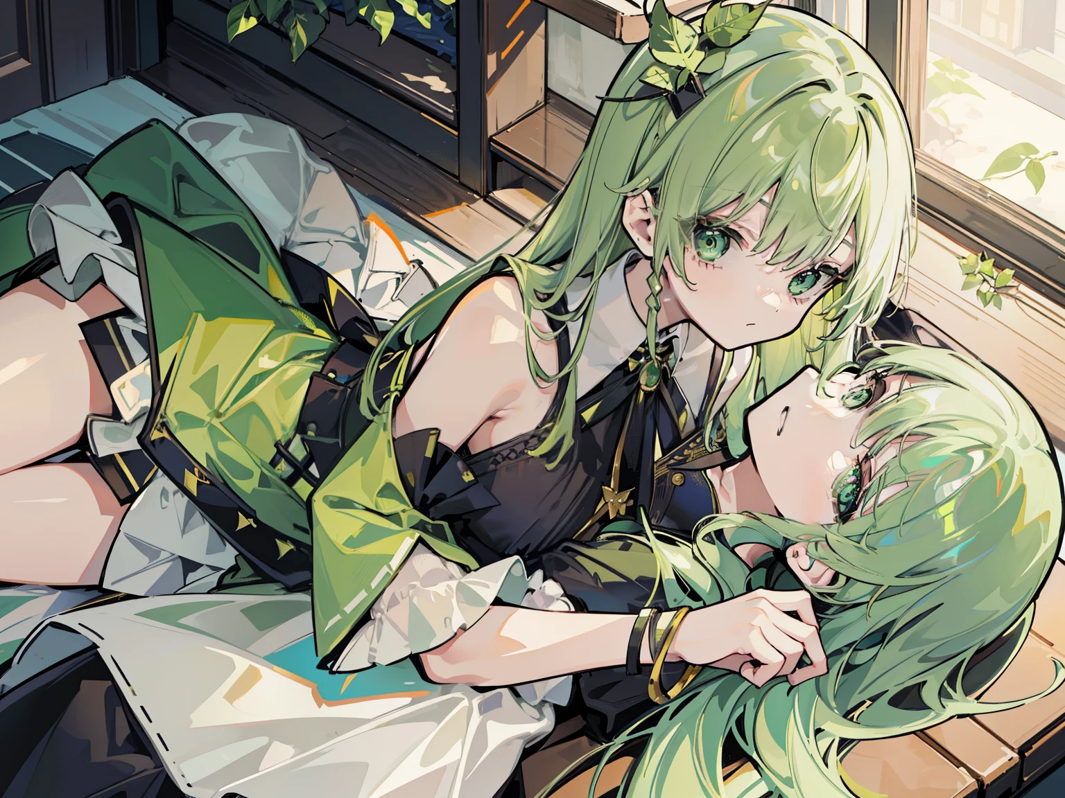 Tabletop,Very detailed,1 girl,alone、Very cute、Cool composition、Green Hair、Slicked back hair、Collared dresature Woman、Woman with olive oil motif、best scene、Cool composition、Leaf-inspired dress、Green Dress、Long Hair、Side part、Mature woman、Dress with black decoration and white waist、Brown pumps