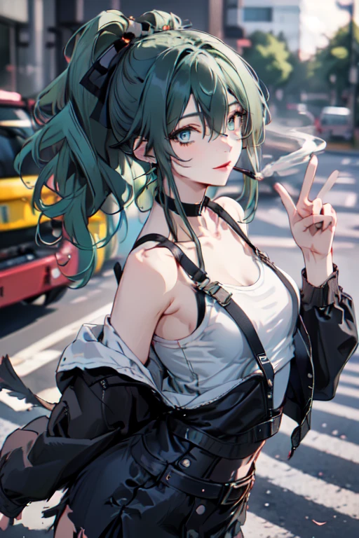 22 years old, (milf:0.8), (solo:1.5), (sfw:1.25), cute breast, beautiful breasts, medium tits,black suspenders,(Bulging ,big breasts:1.1),(Black miniskirt:1.3),garters,Gaze,Small face,bangss,holster,Belt Armament,Beautuful Women, thin waist, big ass:1.0, Raised sexy, (dark green mediumlong hair,side ponytail,hair between eyes,bangs, dark blue eyes, light smile, big , Revimpling fabric, earrings, Hand gloves, detailed face,(smoking:1.3),detailed and beautiful eyes,beautiful detailed lips,Rolling her eyes,manner,(ultra high resolution, 8K RAW photo, photo realistics, thin outline:1.3, clear focus), best qualtiy, natural lighting, textile shading, field depth (Bright pupils, fine detailed beautiful eyes with highlight:1.3, high detailed face), Red lip, fine realistic skins:1.1, looking down viewers:1.3, (dynamic angle:1.3, front view:1.1, breast focus:1.3, from below:1.2), (dynamic posing:1.5, sexy posing:1.2, leaning forward),Youghal, side lock, hair ornaments, hair band,nice,garden background,artistic rendering,Super detailed,(highest quality,4k,8K,High resolution,masterpiece:1.2),Bright colors,studio lighting ,in usa military base,