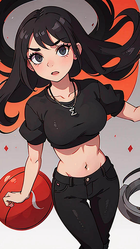 You wear a black form-fitting crop top that showcases your curves, paired with black skinny jeans shorts that accentuate your physique. The outfit is primarily in shades of red and black, giving you a bold appearance. To accessorize, you wear a silver pendant with a sparkling gemstone that matches your eyes, along with a pair of trendy boots to protect your feet during your journey. Black hair, brown skin