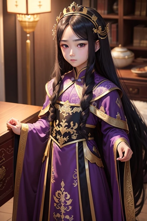 Masterpeice Extremely delicate royalty noble queen black long hair purple eyes fairyland wearing very expensive beautiful chinese gown full boy