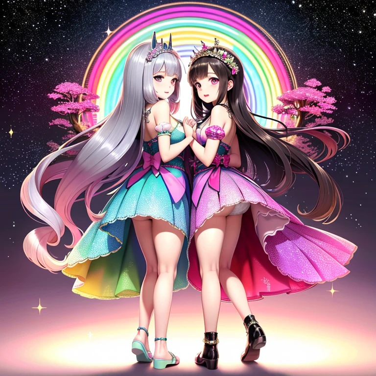 A colorful fantasy world,Two women walking hand in hand,Rainbow Road,Iridescent tree々,A sparkling river flows,Unicorns running around,Fairies are flying,Ai Fukuhara,Pink Dress,I can see a little bit of her white panties under her skirt,long hair of dark purple color,Flower crown,Black-haired woman,Large breasts