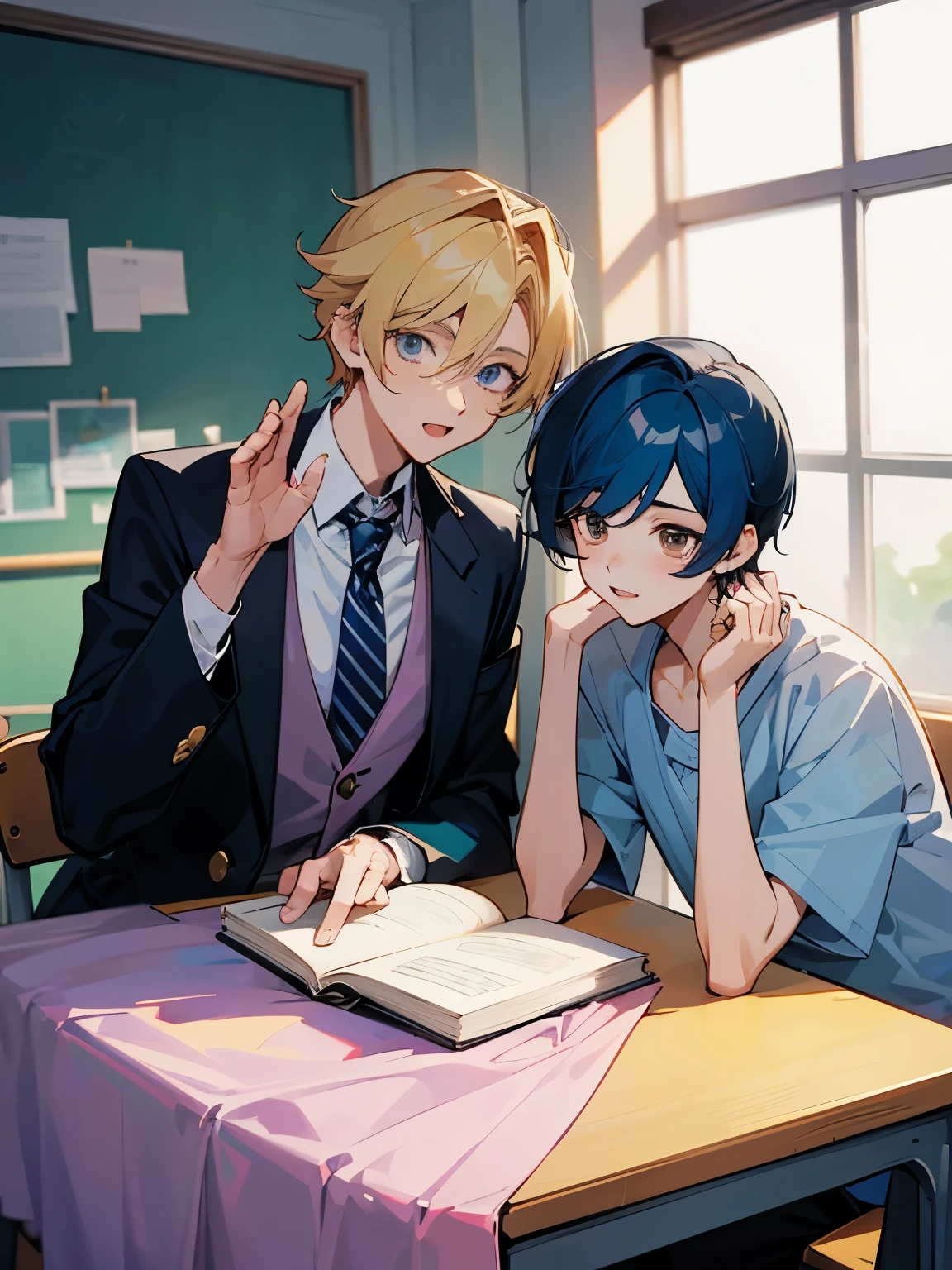 cartoon of two boys sitting at a table with a book, ddlc, in the art style of 8 0 s anime, 9 0 s anime style, 90s anime style, in anime style, in an anime style, anime aesthetic, anime vibes, 9 0 s anime aesthetic, 9 0 s anime art style, lofi boy, typical anime classroom, beautiful background window, two cute boys, beautiful faces, two boys, don't extra hands, NO extra hands, generate two boys with NO extra hands, NO extra arm, short hairstyles, one boy has black hair and blue eyes and the other boy has blonde hair and brown eyes, pretty faces, cute pretty boys with amazing smile, based on ouran high school host club, host club 