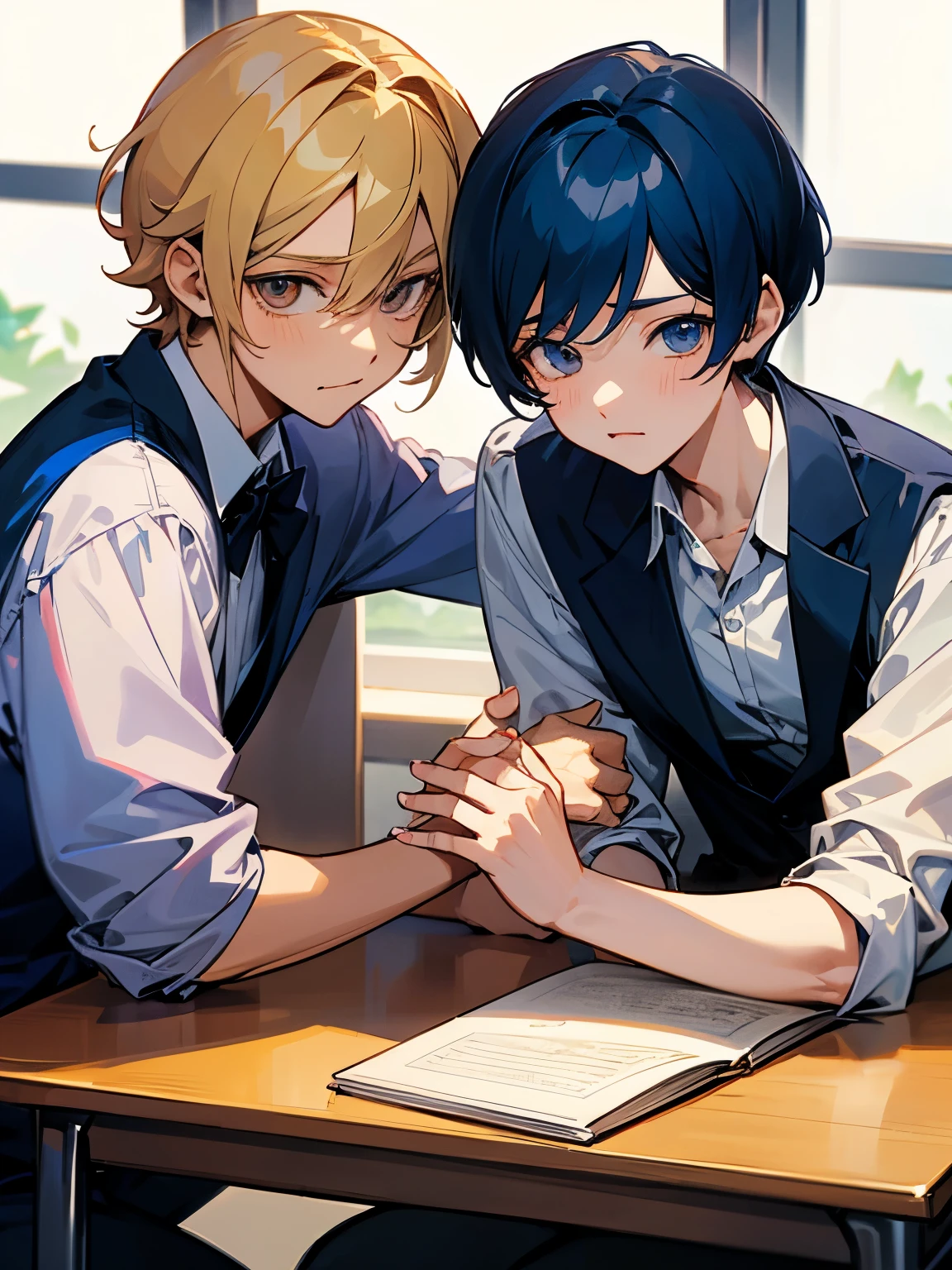 cartoon of two boys sitting at a table with a book, ddlc, in the art style of 8 0 s anime, 9 0 s anime style, 90s anime style, in anime style, in an anime style, anime aesthetic, anime vibes, 9 0 s anime aesthetic, 9 0 s anime art style, lofi boy, typical anime classroom, beautiful background window, two cute boys, beautiful faces, two boys, don't extra hands, NO extra hands, generate two boys with NO extra hands, NO extra arm, short hairstyles, one boy has black hair and blue eyes and the other boy has blonde hair and brown eyes, pretty faces, cute pretty boys with amazing smile, based on ouran high school host club, host club 