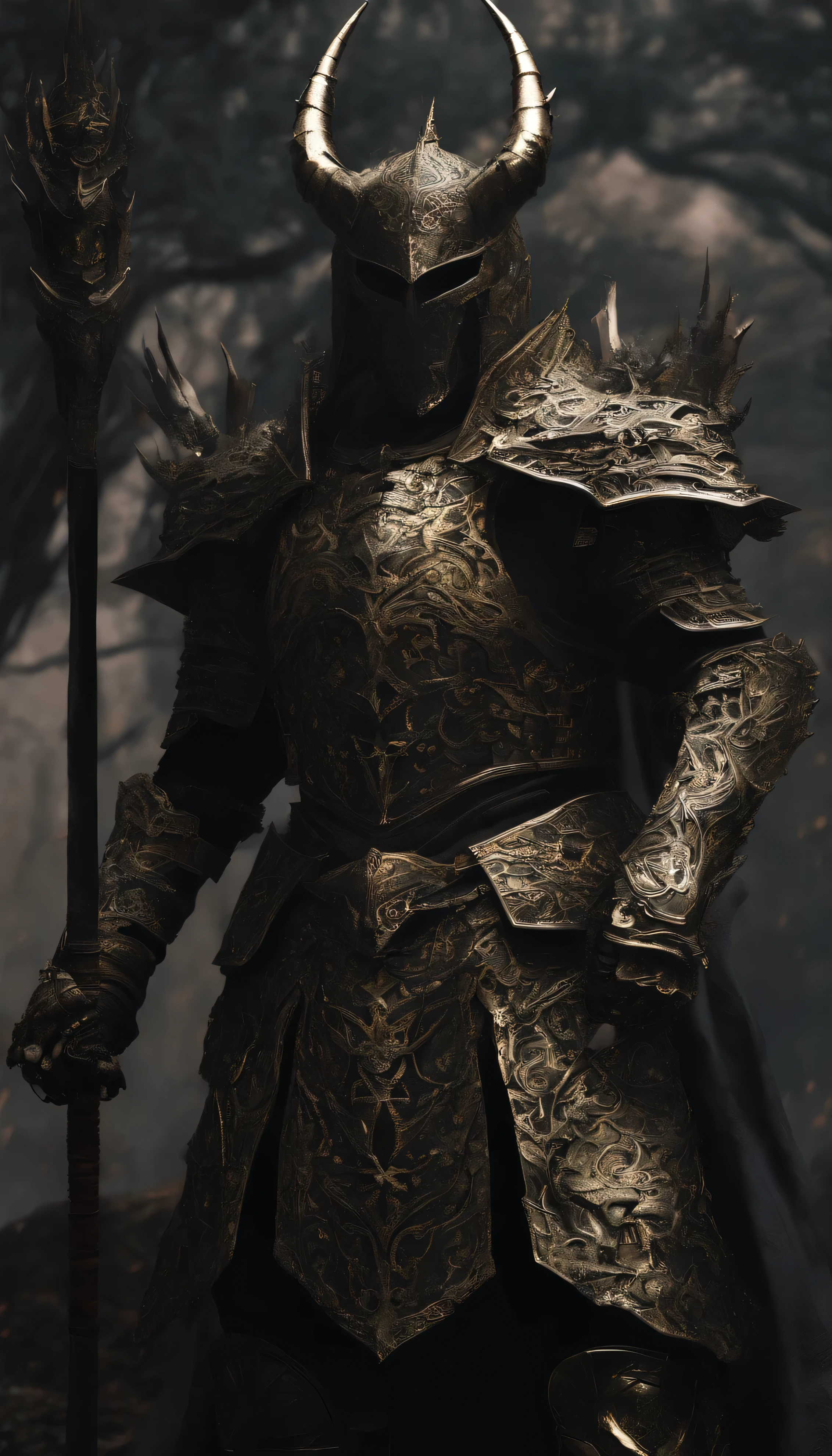 warrior, concept-art, Fantasy art, battleground background, clean render, a horned, Wear a suit of armor, Detailed bushido form smoke, helmet of a forgotten deity, character is standing, 8k Realistic, in game render, detailed face background detail, Art station front page, taur, Pseudo-medieval fantasy, A deity wearing koi armor, detailed bronze armor, Bronze armor, golden etched armor, gold obsidian armor, Light gold armor, Gorgeous filigree armor, A demonic warrior, Gorgeous armor full of thorns, Intricate assasin armor, Intricate metal armor, powerful warrior, Dressed in gorgeous gold armor,Decorated with intricate patterns, The helmet has a large crown and two horns,Glowing red eyes, Everything is in the dark, The smoky background alludes to battle scenes, Add an ominous aura to his character,submission, Full body shot.