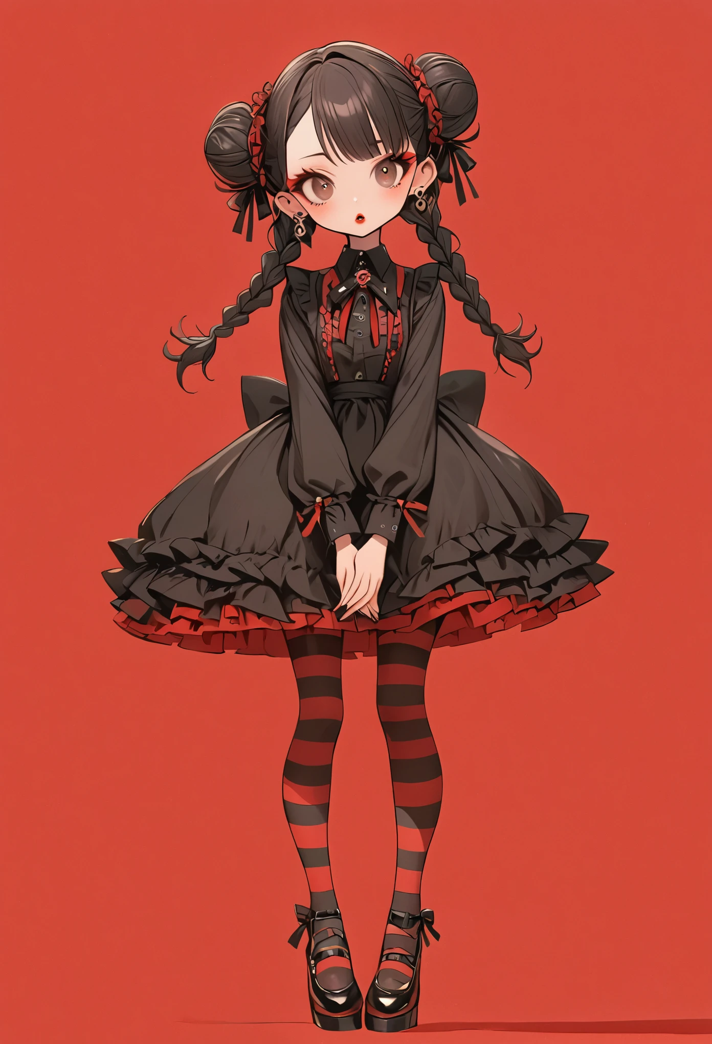 1girl, solo, long_hair, skirt, simple_background, shirt, black_hair, jewelry, standing, full_body, braid, pantyhose, earrings, shoes, striped, black_skirt, hair_bun, twin_braids, double_bun, makeup, own_hands_together, lipstick, red_background, striped_thighhighs, ****ta_fashion, red_lips, striped_pantyhose