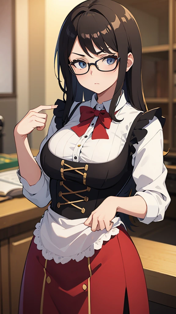 Woman, dirndl, glasses, anime style, Straight Hair, serious milf,