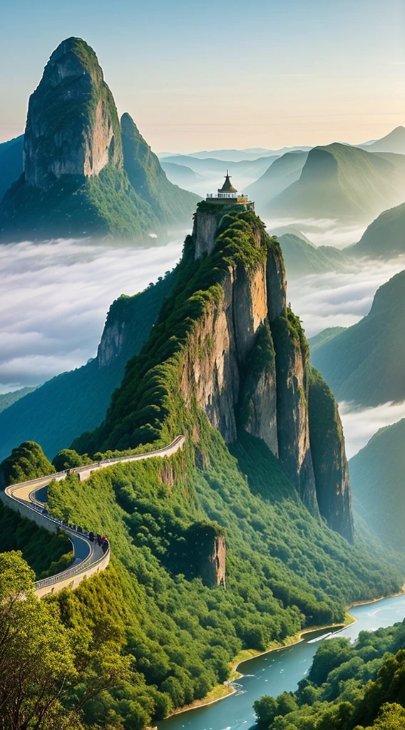 Masterpiece, ultimate quality, Cg unity 8k wallpaper, super delicate, beautiful sky and clouds, rich natural scenery, cliffs, lakes and rivers, waterfalls and flying water, beautiful green mountains, no trace of people, excellent scenery, has already won a photo contest, background Blurring, full depth of field, HDR high dynamics, true restoration, intricate, extreme details, dramatic presentation, perfectly presenting the style of midjourney art.