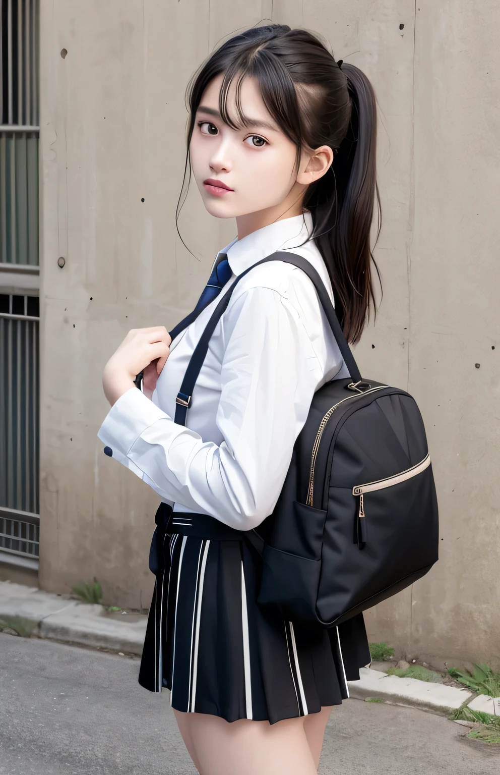 masterpiece, Photo-realistic, best quality, 8k ultra-detailed, illustration,(paisura:1.4), 1girl, , Baby Face, No makeup, hair tie, small breasts, Both eyes are equal, black eyes, necktie, skirt, bag, black hair, outdoors, road, between breasts, street, school bag