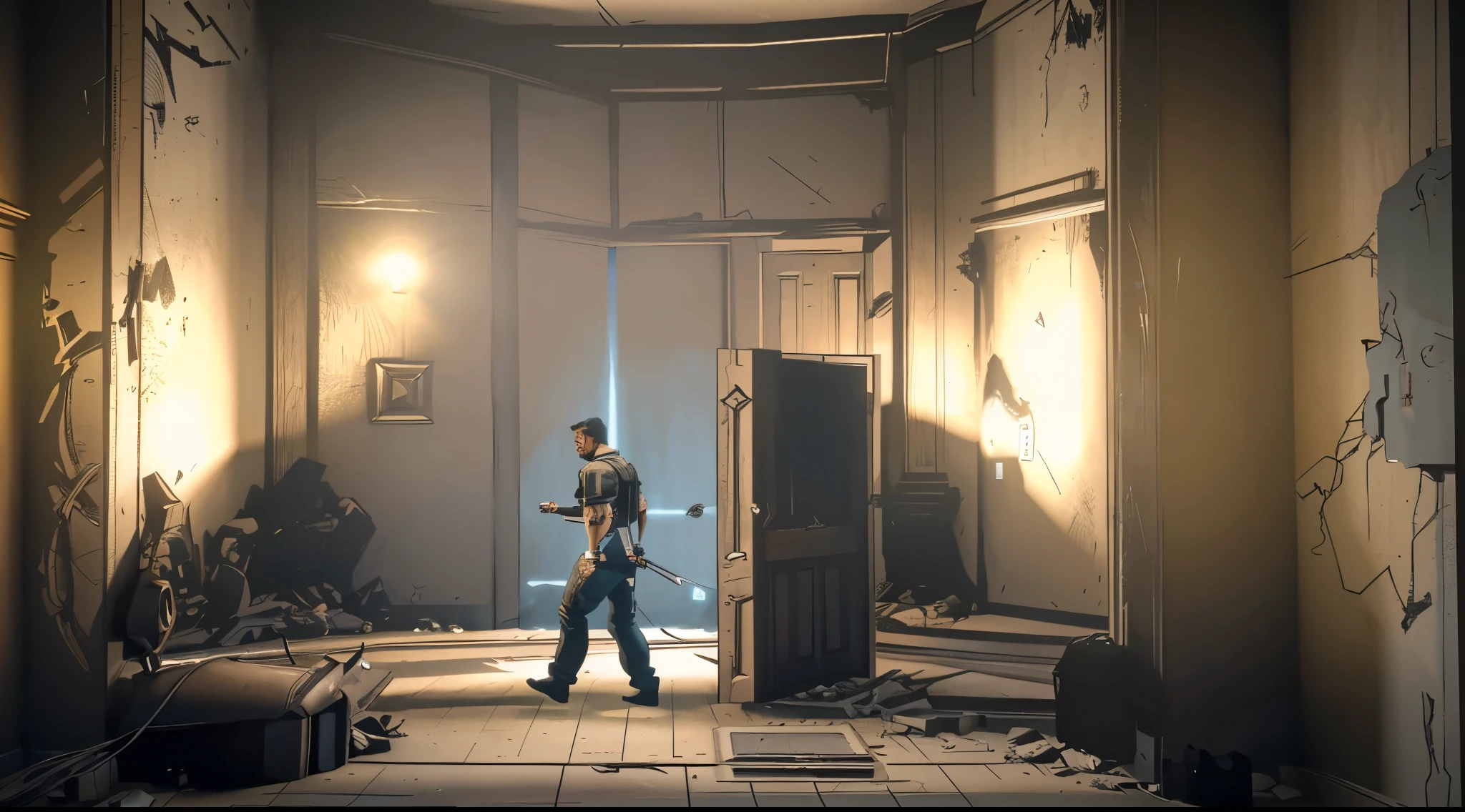 there is a man walking through a room with a door, video game screenshot>, interior gameplay screenshot, point-and-click adventure game, screenshot from game, screenshot from the game, pc screenshot, style of inside game, video game screenshot, rendered in unreal engine 3, about to enter doorframe, detailed lighting and textures, rendered in unreal engine 3d