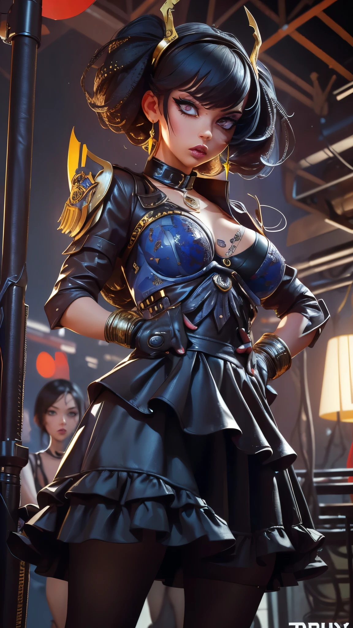 (masterpiece:1.2, best quality), (real picture, intricate details), (1lady, solo, curvy upper body, big ) The clothes are royal blue and gold ar:avant-garde,avant-garde,Experiment with appearance:curlies,Dramatic makeup,Unconventional fashion choice behavior:rebelliousness、non-conformist、Provocation location:demon eyes,urban art district、Underground music venues Hobbies:Particiwpation in punk shows、creating mixed media art、Try different subcultural values:individuality、Realiy、Creative expression of inspiration:goth artmusic、Counterculture icons,Avant-garde art movement character traits:boldness、boldness、act outside the box, RachelStarrQuiron