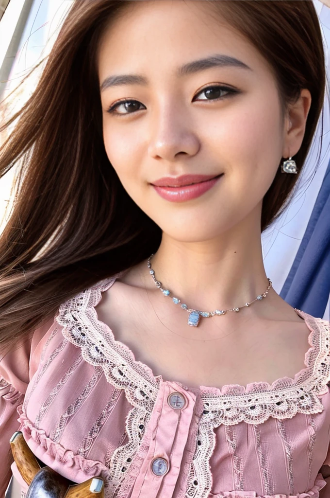 (highest quality, High resolution, masterpiece:1.3), 1 young japanese girl posing coolly for the photo, Slender figure beauty, (smooth pale skin), Small face, Breast enhancement, loose curled medium shiny brunette with highlights, Precisely expresses details such as face and skin texture, Dark brown eyebrows, moist eyes with dilated pupils and large irises, double eyelid, thick plump big lips, big smile, Concert makeup, (Full pastel colored lace cleavage mini flare dress), necklace and earrings and bracelets, (cowboy shot:1.5), (low position and low angle shot:1.4), A person in the center left and right, The whole head is shown, Professional cinematic lighting, red silk curtain background